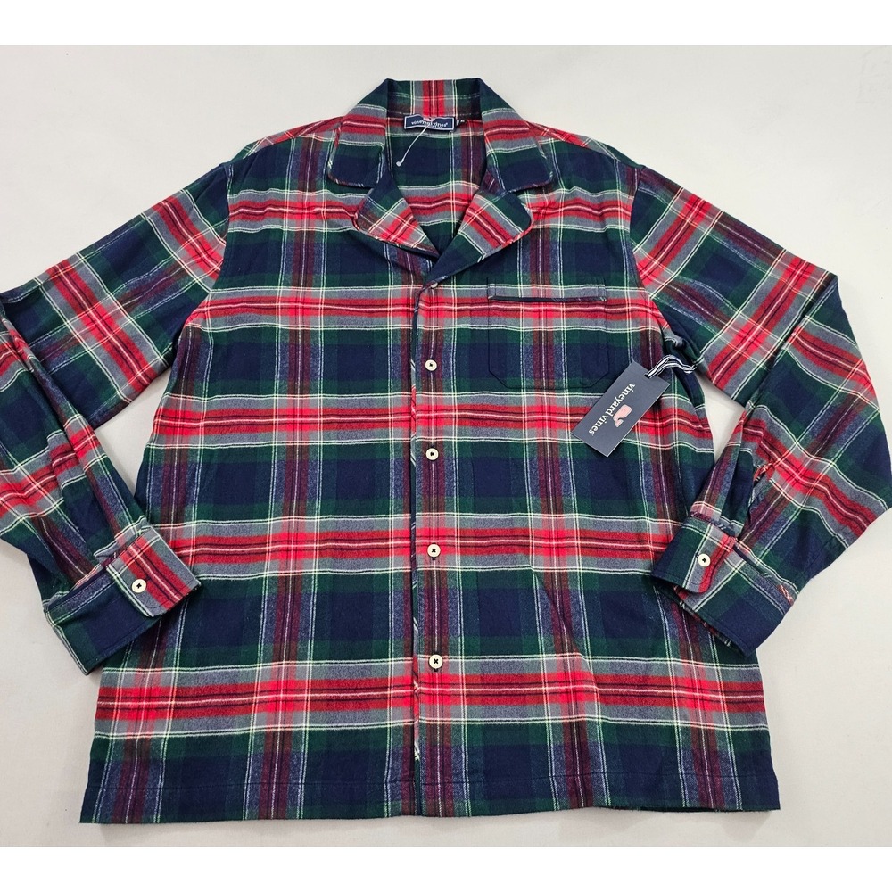 Vineyard Vines lounge shirt M Medium button check long sleeve flannel navy mens